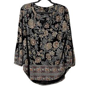 Lucky Brand Womens Size L Black Floral Print Viscose Boho Top